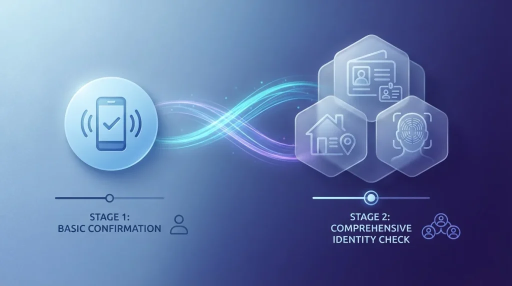 Abstract account verification flow progressing from phone confirmation to identity and address checks