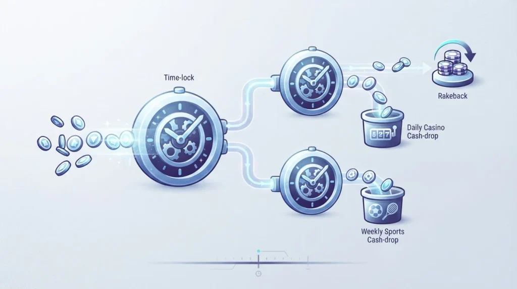 Abstract bonus tokens moving through timed claim windows and game contribution paths