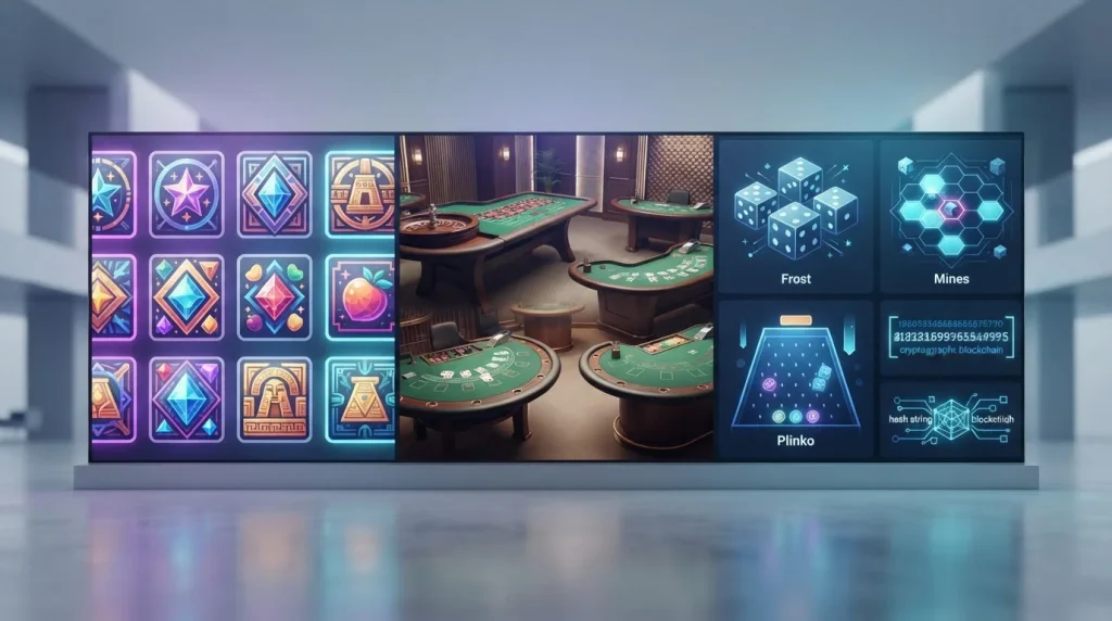 Abstract casino lobby with slot reels, live tables and digital game tiles arranged in separate zones