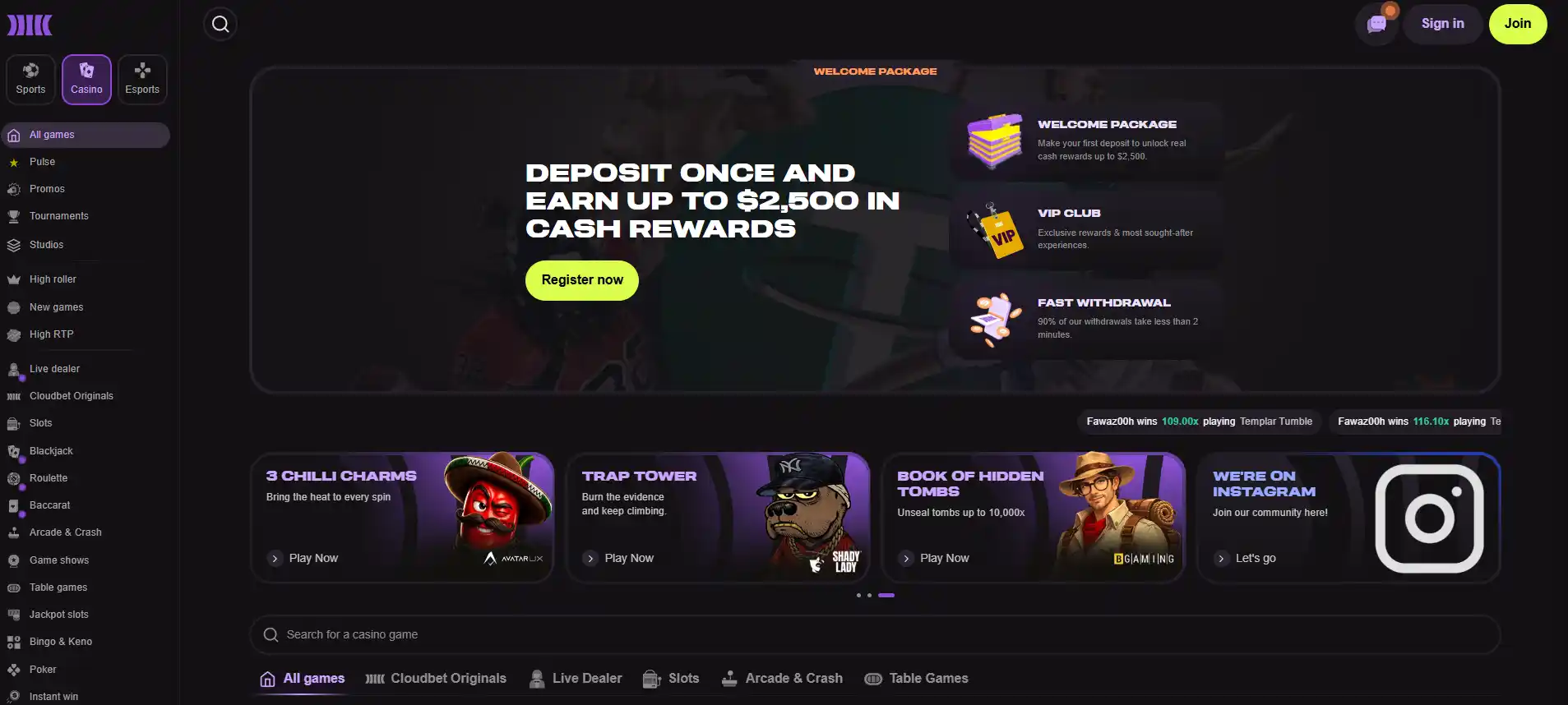 Cloudbet casino homepage with lobby navigation and game categories