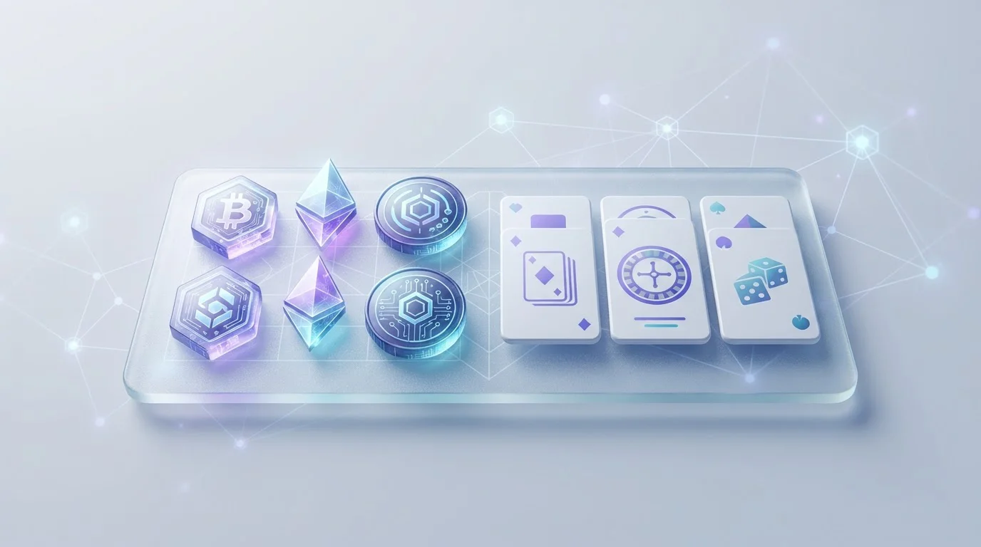 Cryptocurrency tokens beside abstract casino game tiles and a verification grid