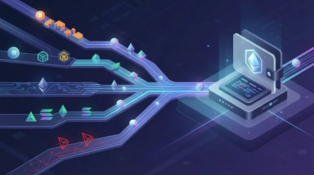 Crypto assets moving through several network paths toward a casino payment wallet