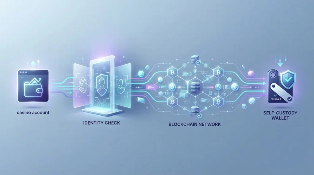Crypto withdrawal moving from an account through verification and a blockchain network to a wallet
