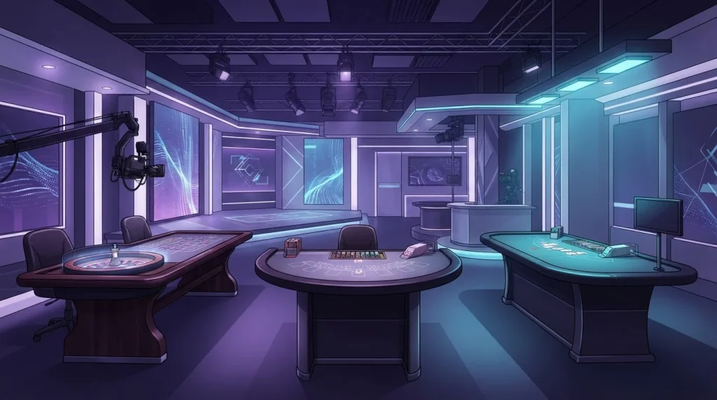 Modern live casino studio with roulette, blackjack and baccarat tables under controlled studio lighting