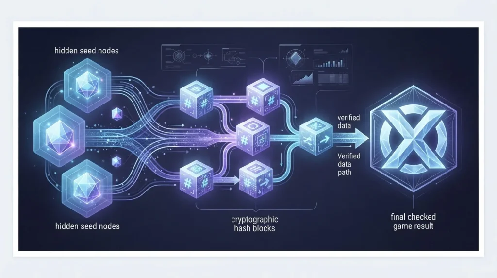 Abstract cryptographic verification flow connecting hidden seeds, hash blocks and a checked game result